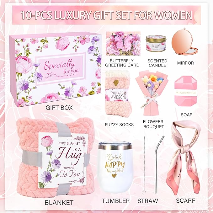 Birthday Gifts for Women Friendship Self Care Package Gifts for Women Get Well Soon Gift Baskets Relaxing Blanket Gifts Box for Sister Mom Wife Friend Her Fantasy Box (Pink)