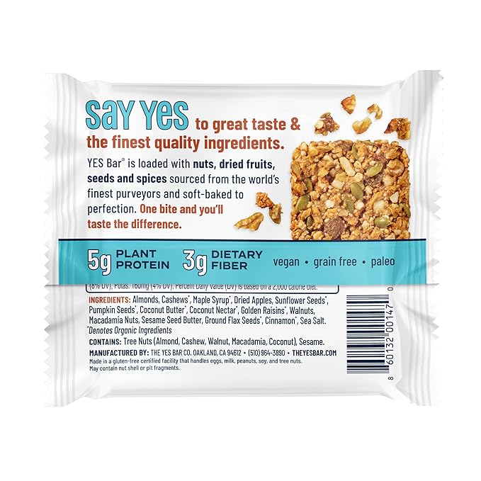 The YES Bar – Apple Cinnamon Crisp – Plant Based Protein, Decadent Snack Bar – Vegan, Paleo, Gluten Free, Dairy Free, Low Sugar, Healthy Snack, Breakfast, Low Carb, Keto Friendly (24 Count)