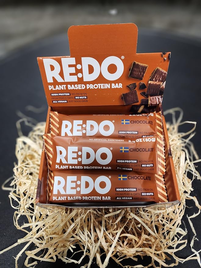 RE:DO Plant based Protein Bars I Swedish Chocolate 2.1oz bars I 12g Vegan Protein, Nutrition Protein Bars I High Protein Recovery Bars, No Palm oil I (9 count) (Large, Chocolate)