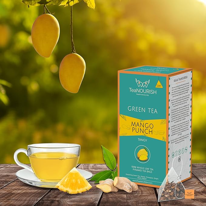 TeaNOURISH Mango Punch Green Tea | 20 Count Pyramid Tea Bags | Darjeeling Whole Tea | Delicious Fruit Infusion | Real Mango | 100% NATURAL INGREDIENTS