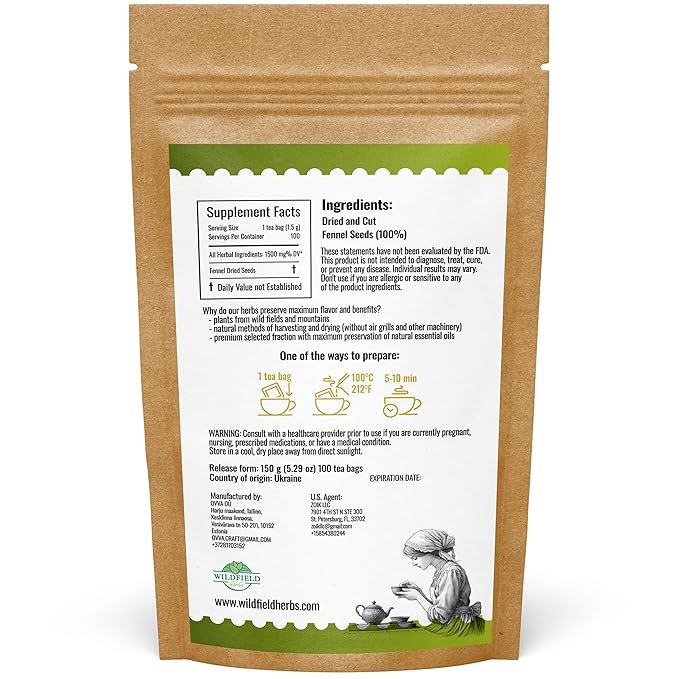 100 Bags Fennel Tea Fennel Seed Tea Herbal (Foeniculum Vulgare) - 100 Count 1.5g Bags Herb Hinojo