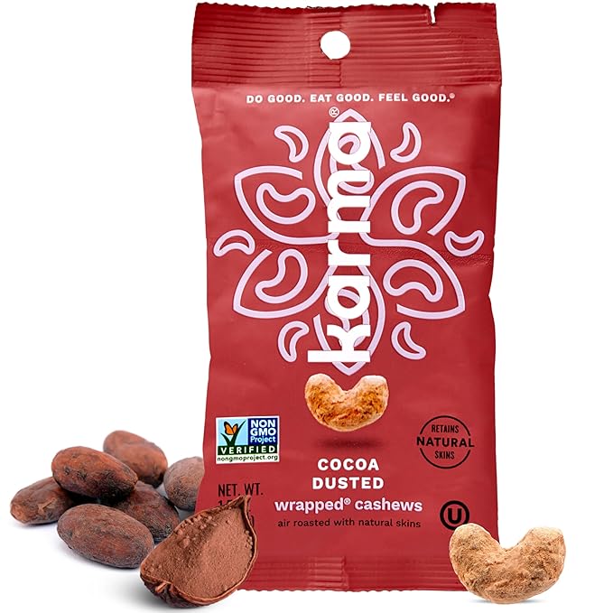 Cocoa Dusted Cashews with Skin by Karma Nuts, Whole, Sweet, Roasted, Vegan, Gluten Free, Low Net Carb, Natural, Everyday Nut Snack, 1.5 Ounce (12 Snack Packs)