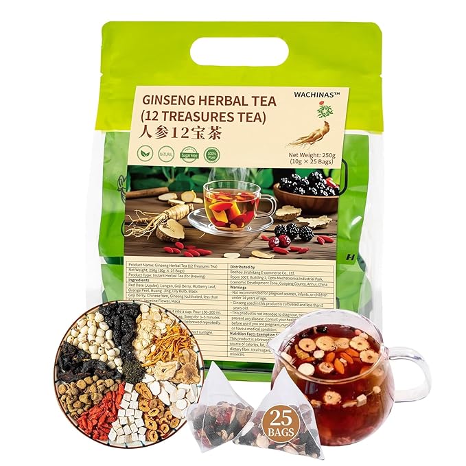 Premium Ginseng Tea - Natural Organic Kidney and Liver Detox Tea - 12 Herbal Blend with Goji Berry,Jujube, Longan, Mulberry & Maca - Caffeine & Sugar Free - 25 Individually Wrapped Pyramid Large Tea Bags (250g)