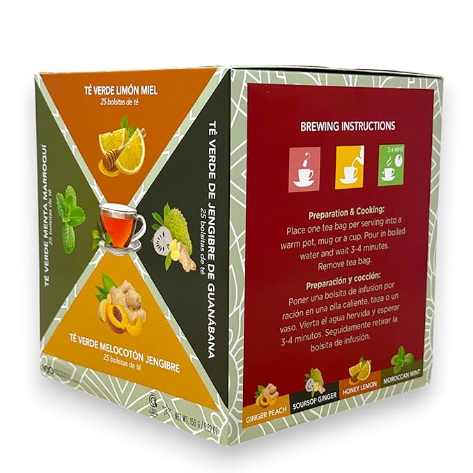 Herbal Wellness Caffeinated Green Tea Collection 100 Ct Variety Sampler Pack 4 Flavors: Honey Lemon, Moroccan Mint, Soursop Ginger, Ginger Peach, Eco Friendly Teabags Non GMO Sugar Free Keto