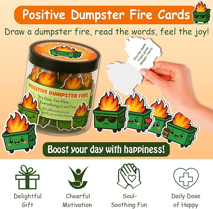 60 Positive Dumpster Fire Cards Jar, Emotional Dumpster Fire Desk Accessories, Affirmation Cards for Women, Teens Girl, Coworker, Dumpster Fire Zen Garden, Womens Birthday Gifts Unique