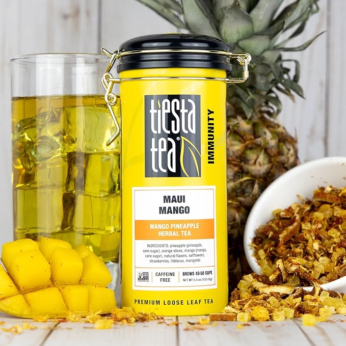 Tiesta Tea - Maui Mango | Loose Leaf | Mango Pineapple Herbal Tea | Premium Non-Caffeinated Blend | Make Hot or Iced | Brews Up to 50 Cups | 33 Ounce Refillable Tin, Pack of 6