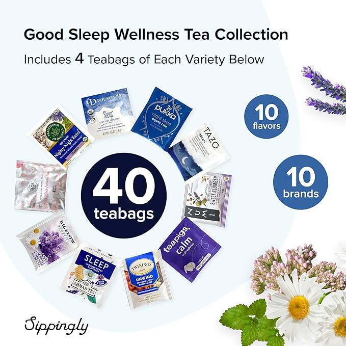 Sippingly Sleep Tea Sampler – 40 Herbal Tea Bags, 10 Calming Flavors with Valerian Root, Passionflower, and Lavender – Bedtime, Nighttime Tea for Sleep and Relaxation