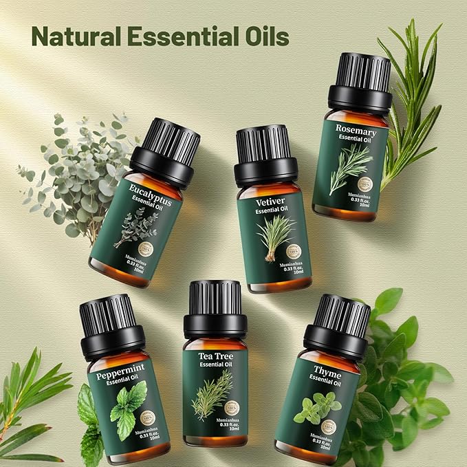 Herbal Essential Oils Set Pure, Mumianhua Natural Zestful Breeze Aromatherapy Gift Kit: Eucalyptus, Peppermint, Tea Tree, Thyme, Rosemary, Vetiver for Diffuser, Humidifier, Candle& Soap Making 6x10ml