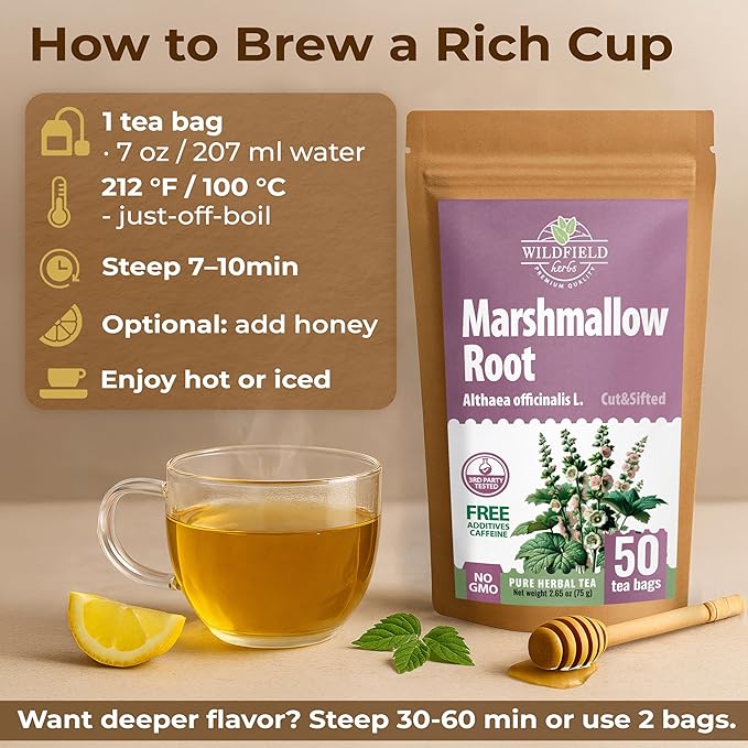 50 Bags Dried Marshmallow Root Tea Marshmallow Root Herb Herbal Tea (Althaea Officinalis) - 50 Count Bags Cut Sifted Herb Raíz De Malvavisco