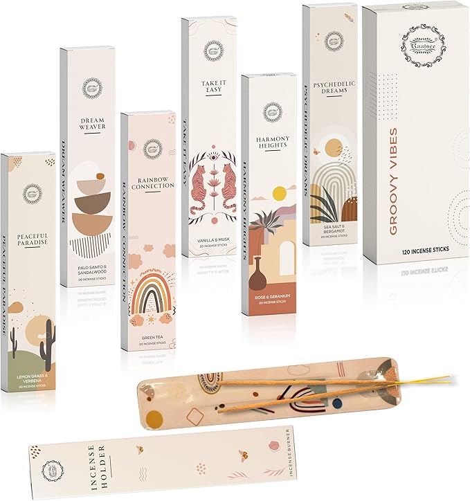 Raajsee Incense Sticks Organic Non Toxic - Pack of 6 Natural Inscents with Insence Holder -120 Sticks, Clean Burn, Boho Gift Set, Palo Santo & Sandalwood, Vanilla Musk, Rose, Green Tea, Lemon Grass