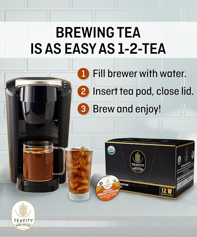 Organic Ginger Tea Pod with Echinacea, Turmeric, and Licorice for Keurig, Decaf by Teavity (12 Tea Pods)