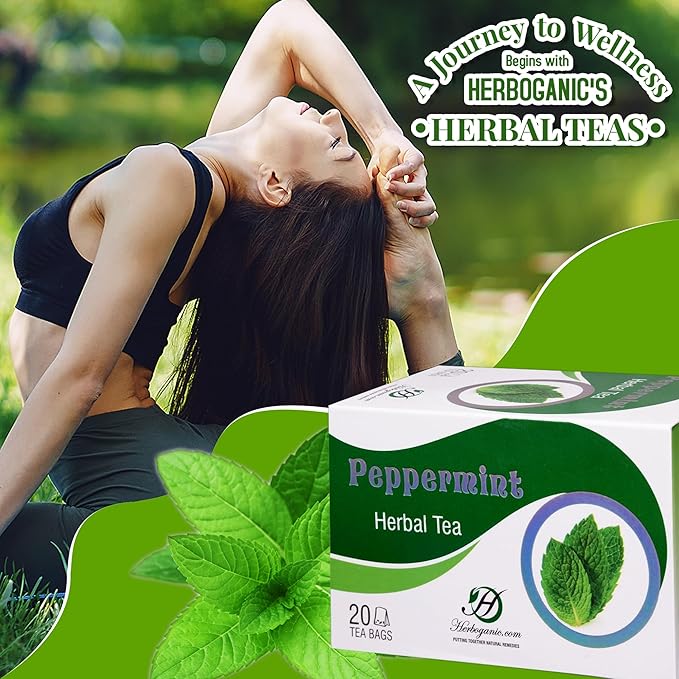 HERBOGANIC Peppermint Herbal Tea - Digestion Support and Immune Boost | Refreshing and Delicious Blend | Natural Ingredients | 20 Tea Bags