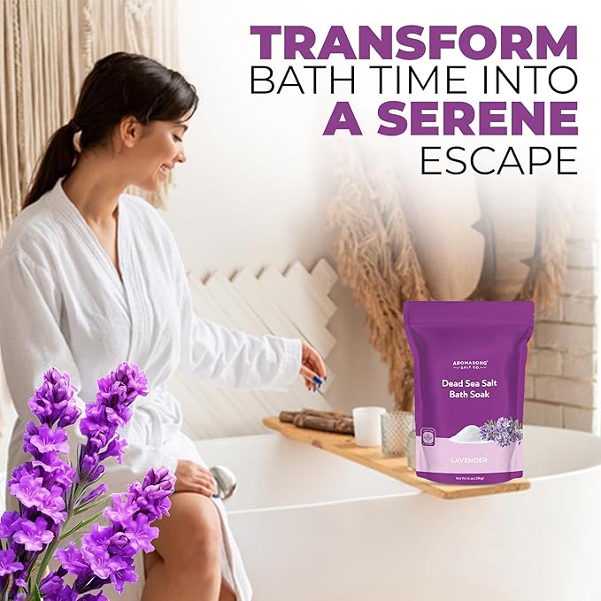 Aromasong Dead Sea Salt for Soaking with Natural Lavender Essential Oil – 14 Oz. Spa Bath Salt Fine Grain 7 Uses Per Pack - for Body Wash Scrub - Soak for Women & Men for Tired Muscles & Skin Issues
