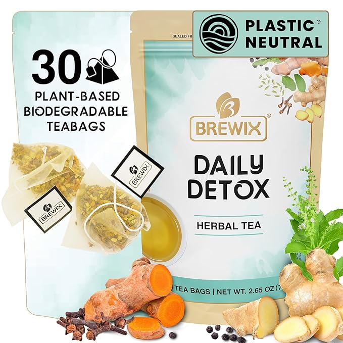 BREWIX, Ayurvedic Detox Herbal Tea Bags (30 Pyramid Tea Bags) Caffeine-Free Herbal Tea | Cleansing Formula with Traditional Ayurvedic Herbs | Supports Digestion, Balance & Daily Vitality