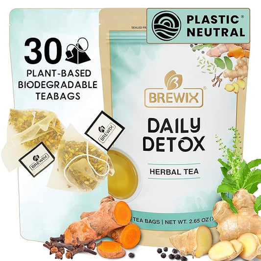 BREWIX, Ayurvedic Detox Herbal Tea Bags (30 Pyramid Tea Bags) Caffeine-Free Herbal Tea | Cleansing Formula with Traditional Ayurvedic Herbs | Supports Digestion, Balance & Daily Vitality