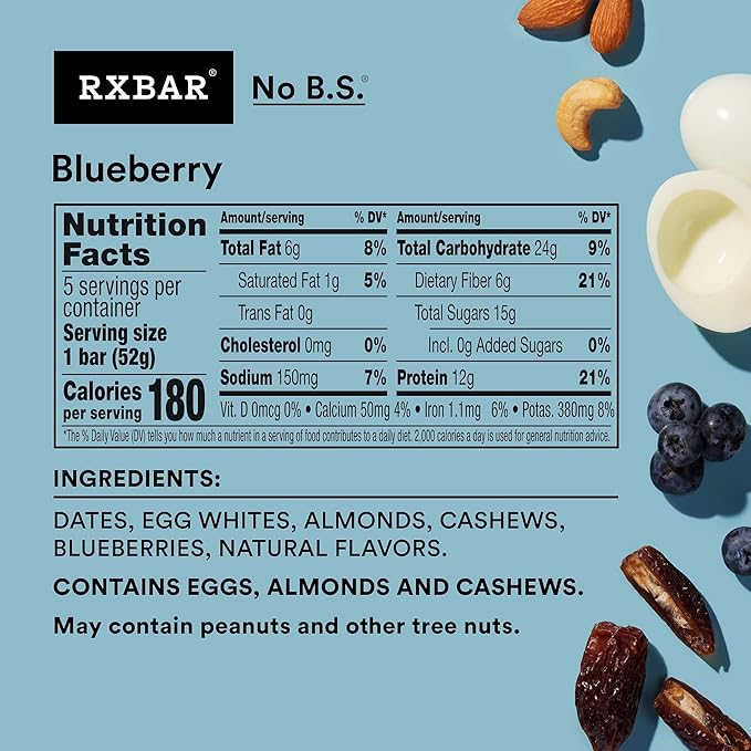 RXBAR Protein Bars, 12g Protein, Gluten Free Snacks, Blueberry (6 Boxes, 30 Bars)
