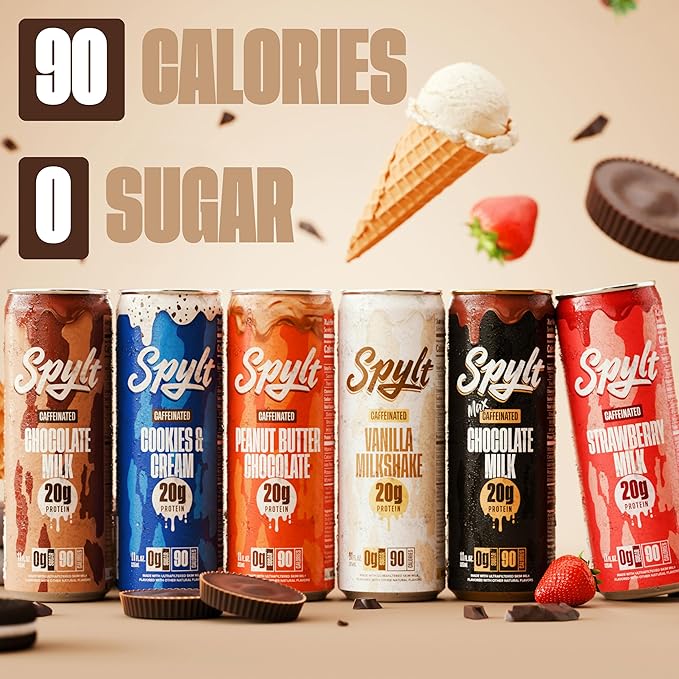 Spylt High Protein Milk - 6 Flavor Variety Pack with 60mg Caffeine & 20g Protein - 90 Calories, Ready to Drink, Sugar Free, Lactose Free Milk, Perfect for Workout Recovery & Afternoon Pick Me Up - 12 Count