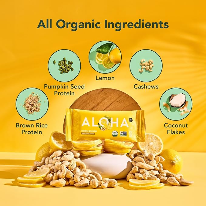 ALOHA Organic Plant Based Protein Bars - Lemon Cashew - 12-Count - Vegan, Low Sugar, Gluten-Free, Paleo, Low Carb, Non-GMO, No Stevia & No Erythritol