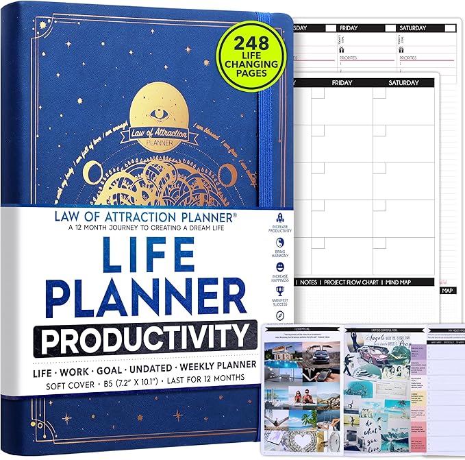 Law of Attraction Planner – Undated Hourly, Weekly & Monthly Goal Setting Planner, 12-Month to Increase Productivity | Life & Gratitude Journal, Include Foldable Vision Board, Gift Box & Stickers