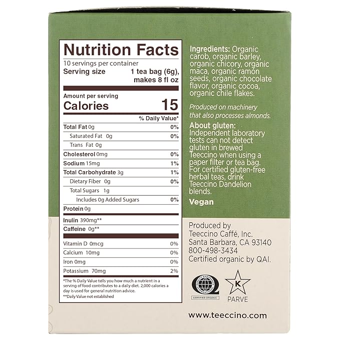 Teeccino Maca Chocolaté Herbal Tea - Rich & Roasted Herbal Tea That’s Caffeine Free & Prebiotic with Natural Energy from Adaptogenic Peruvian Maca, 10 Tea Bags (Pack of 6)