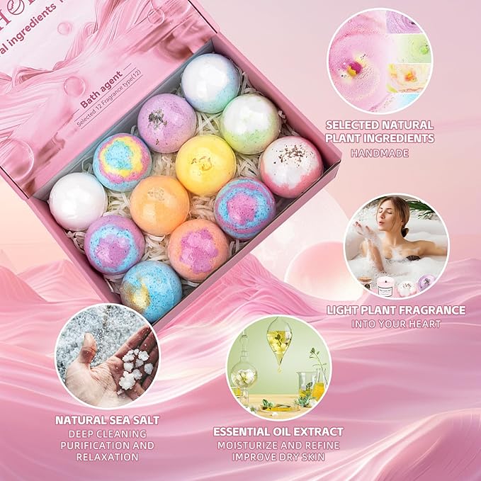 Natural Handmade Bath Bombs Salt Balls Gift Set, 12 PCS with Sea Salt & Shea Butter, Moisturizing Dry Skin, Stress Relief, Bubble Bath, Perfect Care Relaxing Spa Gifts for Women, Men & Kids