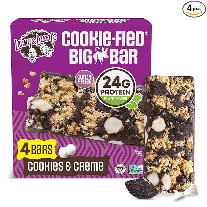 Lenny & Larry's Cookie-fied BIG BAR – Cookies and Creme Vegan Protein Bars 4x90g – Healthy Snacks, 24g Plant Protein & 10g Prebiotic Fiber – Gluten free Power Bar, Vegan