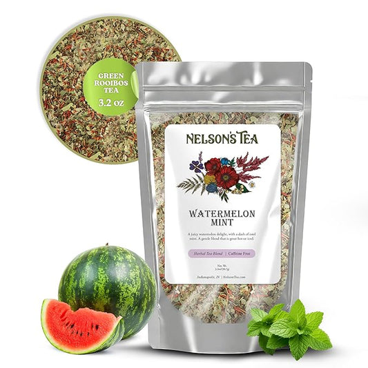 Nelson's Tea Watermelon Mint Tea Loose Leaf - Caffeine Free Green Rooibos Tea with Spearmint, Echinacea, Linden Leaf, Coriander, Safflower and Eucalyptus (3.2 oz)