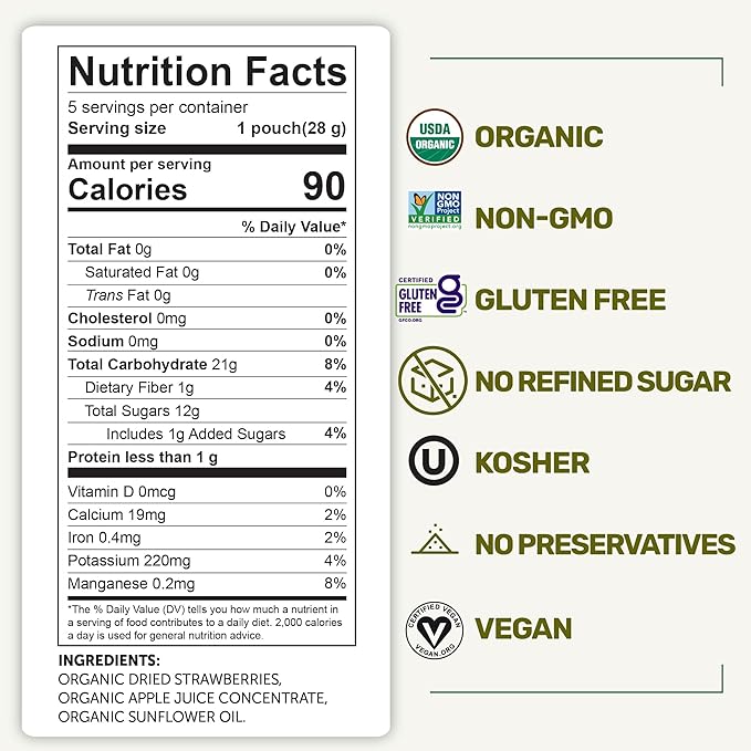 Happy Village Organic Soft Dried Strawberries On the Go – 3 Bags (15 Individual Portion Packs) | Healthy, Organic, Non-GMO, Vegan, Kosher, Gluten-Free Snack Packs