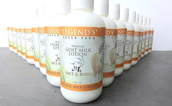 Legend's Creek Farm Goat Milk Lotion - Moisturizing Goat Milk Body Lotion for Body, Hand & Face - 9 oz Body Moisturizer with Shea Butter, Sunflower Oil, Aloe, Handmade in USA (Oatmeal, Milk & Honey)