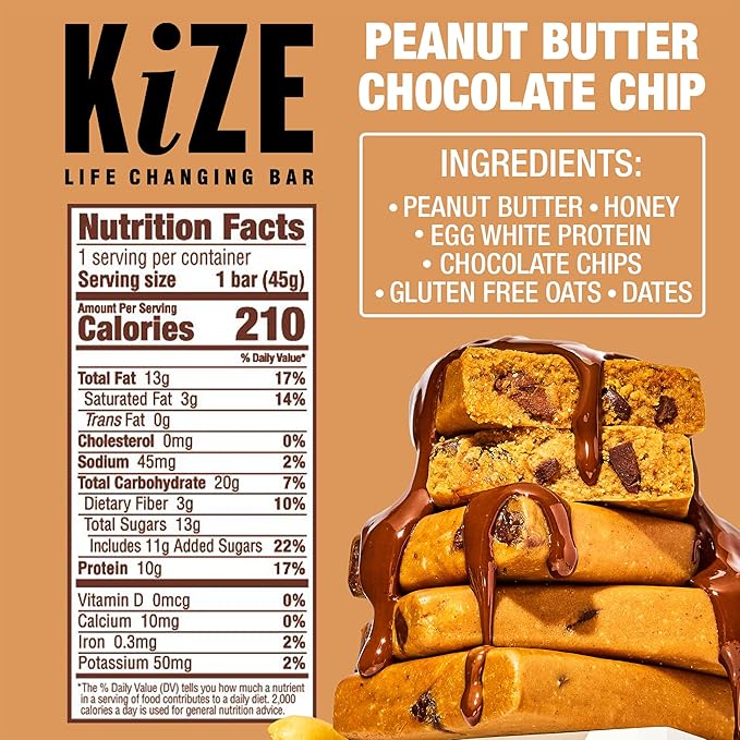 KiZE Energy Bars - Peanut Butter Chocolate Chip - 20-Count - Gluten Free, Dairy Free, Non-GMO, and High Protein Meal Replacement Energy Bars, Clean and Simple Food Ingredients - 10g High Protein Snacks (20 Count)