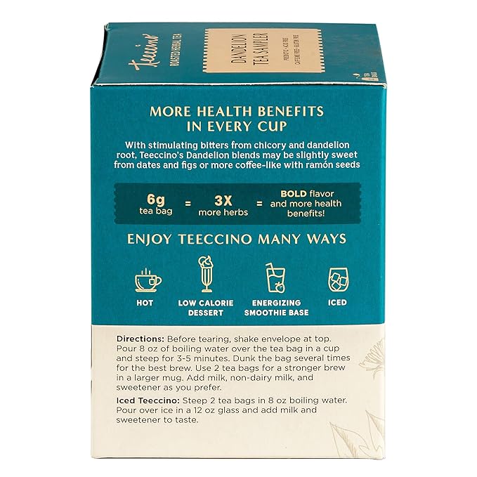 Teeccino Dandelion Tea Sampler - Caramel Nut, Coconut, Dark Roast, Mocha Mint, Red Chai, Turmeric - Roasted Herbal Tea, Caffeine Free & Prebiotic with Detoxifying Dandelion - 12 Tea Bags