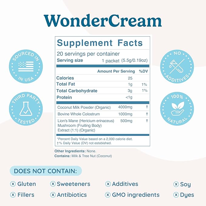 WonderCow Bovine Colostrum Superfood Creamer Supplement Powder w/Organic Lions Mane Mushroom & Coconut Milk Powder MCTs | Functional Sugar Free Keto Coffee, Smoothie & Drink Mix Unsweetened