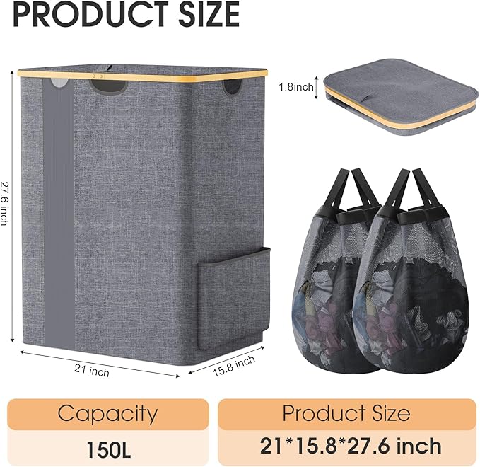 Laundry Basket Clothes Hamper with Lid and Pocket Large Collapsible Laundry Baskets with Handle, Freestanding Hampers for Bedroom Aesthetic, Dorm, Bathroom, Laundry Room (150L,Light Grey)