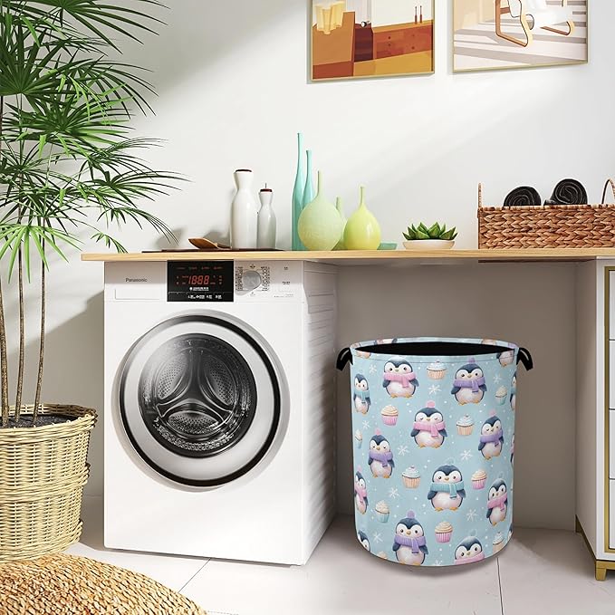 Cute Penguin Laundry Basket,Snowflake Cake Foldable Oxford Cloth Tote Bag Laundry Hamper Clothes Storage Bucket Organizer for Bedroom Laundry Storage Dormitories 16" x 20.8"
