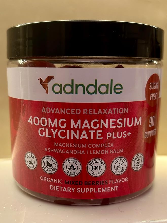 Adndale 90 CT Magnesium Glycinate Gummies 400 mg/Serv with Ashwagandha, Magnesium Malate & Taurate, Sugar Free Chews for Adults & Kids.