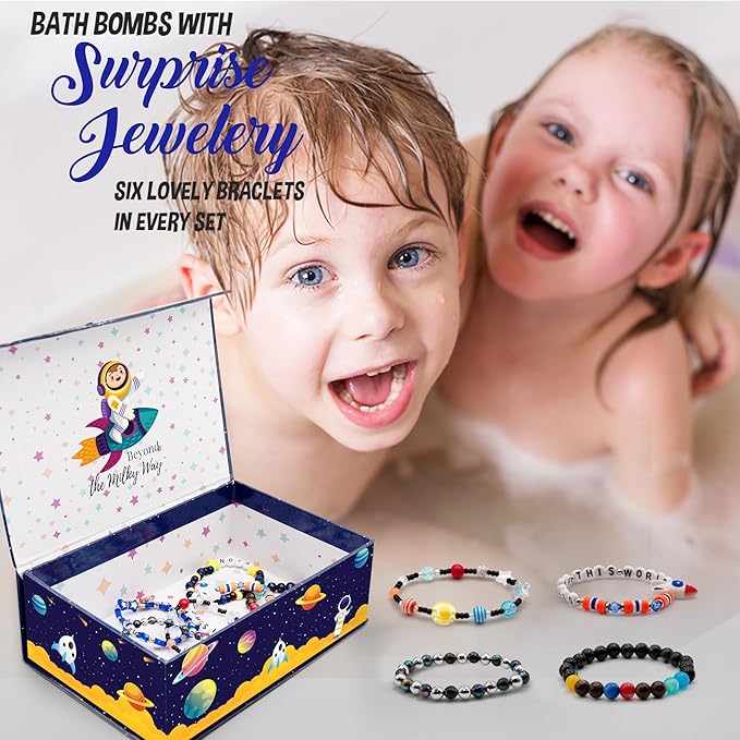Bath Bombs for Kids with Surprise Inside, Bath Bombs with Surprise Jewelry & Jewelry Box - Organic, Skin Moisturizing, Natural Kids Space Galaxy Bracelets, Birthday Gifts for Boys, Girls