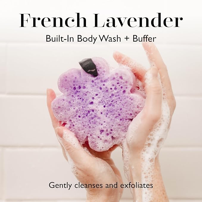 Spongelle French Lavender Wild Flower Buffer Body Scrubber | Bath & Shower Loofah for Women | Exfoliator with Body Wash Infused Sponge | 14+ uses