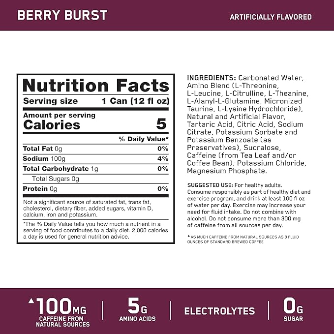 Optimum Nutrition Amino Energy Sparkling Hydration Drink, Electrolytes, Caffeine, Amino Acids, BCAAs, Sugar Free, Berry Burst, 12 Fl Oz, 12 Pack