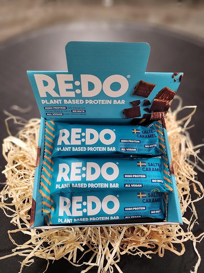 RE:DO Plant based Protein Bars I Swedish Salted Caramel 2.1oz bars I 15g Vegan Protein, Nutrition Protein Bars I High Protein Recovery Bars, No Palm oil I (9 count) (Large, Salted Caramel)