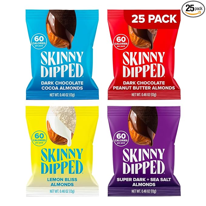 SkinnyDipped Snack Attack Minis Almond Variety Pack, Healthy Snack, Plant Protein, Gluten Free, 0.46 oz Mini Bags, Pack of 25