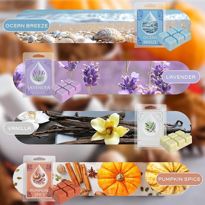 Soy Wax Melts Wax Cubes Strong Scent Wax Melts Variety Fragrance Melts for Vanilla, Lavender, Apple Cinnamon, Citrus, Ocean Breeze, Caramel, Sandalwood, Pumpkin Spice Spa Yoga Relaxing Bath