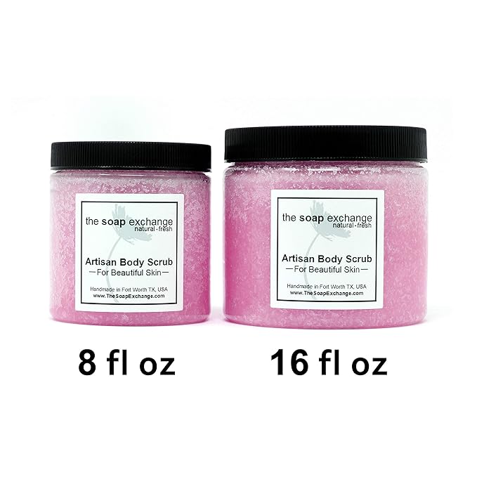 The Soap Exchange Sugar Body Scrub - Strawberries & Champagne Scent - Hand Crafted 16 fl oz / 480 ml Natural Artisan Skin Care, Shea Butter, Exfoliate, Moisturize, & Protect. Made in the USA.