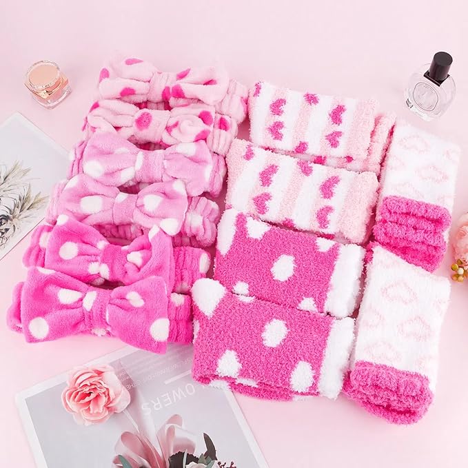 ANBALA 6 Soft Spa Headband and 6 Fuzzy Socks Spa Party Supplies Stuff Accessories for Slumber Party (Pink)