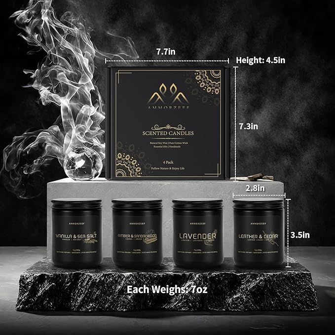 4 Pack Manly Scented Candles for Men Burn Time 200h Soy Candle Set for Home 7Oz Wood Wick Aromatherapy Candles for Relaxation Scented Leather Cedar/Lavender/Amber Sandalwood/Vanilla Candles