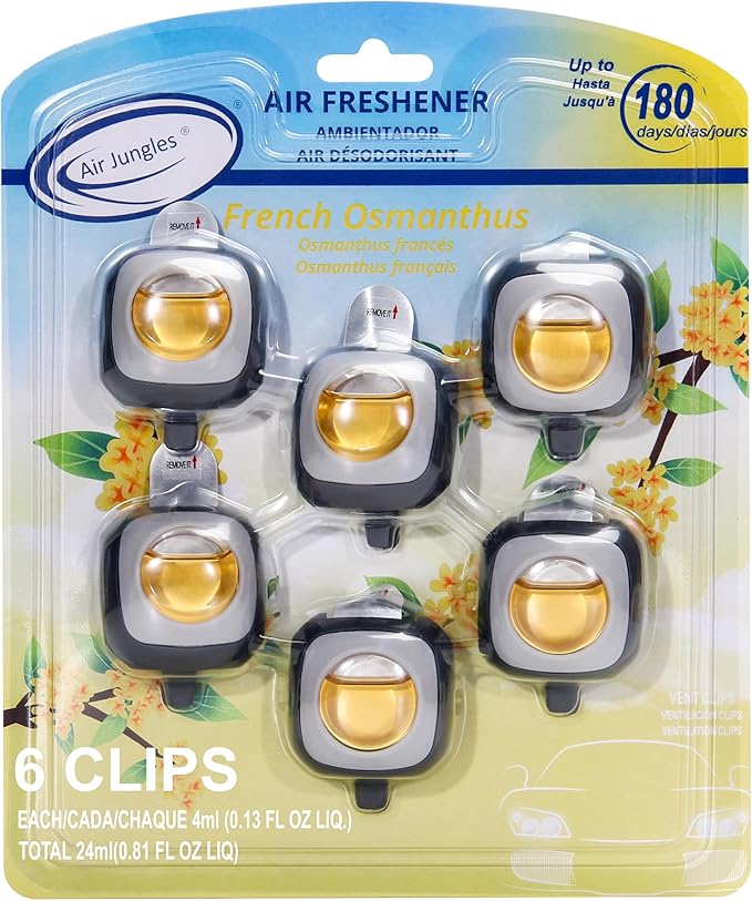 Air Jungles French Osmanthus Scent Car Air Freshener Clip, 6 Vent Clips, 4ml Each, Long Lasting Air Freshener, Up to 180 Days Car Refresher Odor Eliminator