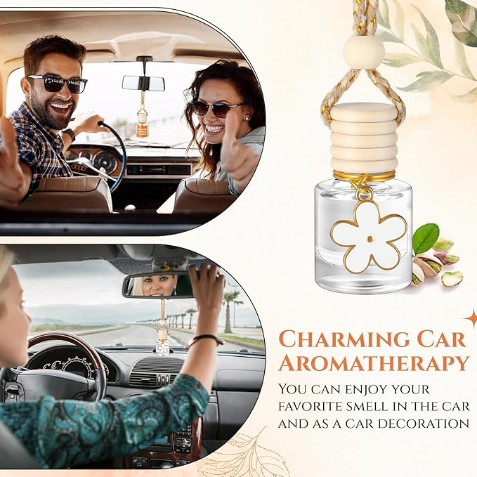 2 Sets Hanging Car Air Freshener and Essential Oil Diffuser, Car Air Freshener Daisy Essential Oil Diffuser Long Lasting Automobile Aromatherapy (White,Pistachio & Salted Caramel)