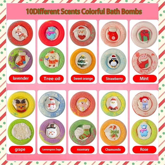 20 Pack Christmas Bubble Bath Bombs,Bath Bombs for Kidswith Christmas Squishy Surprise Inside Kids Girls Boys Women Christmas Stocking Stuffers Gifts