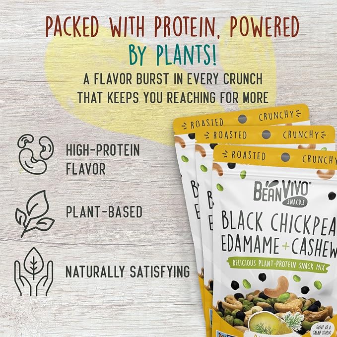 BeanVIVO Healthy Snacks for Adults & Kids with 7g Protein & 4g Fiber per Serving with Dried Edamame, Roasted Cashew and Chickpeas - Vegan & Gluten Free - Keto Friendly & Non-GMO - 3-Pack (4.5 oz Each Pouch)