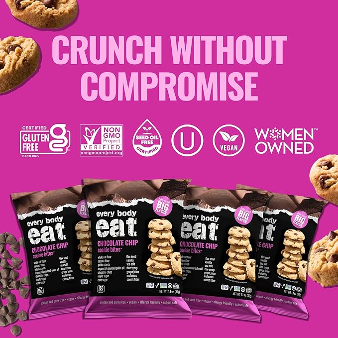 Every Body Eat Crunchy Cookie Bites, Gluten & Dairy Free, Vegan, School Safe Lunch Snacks, Single Serve (Pack of 20) (Chocolate Chip)