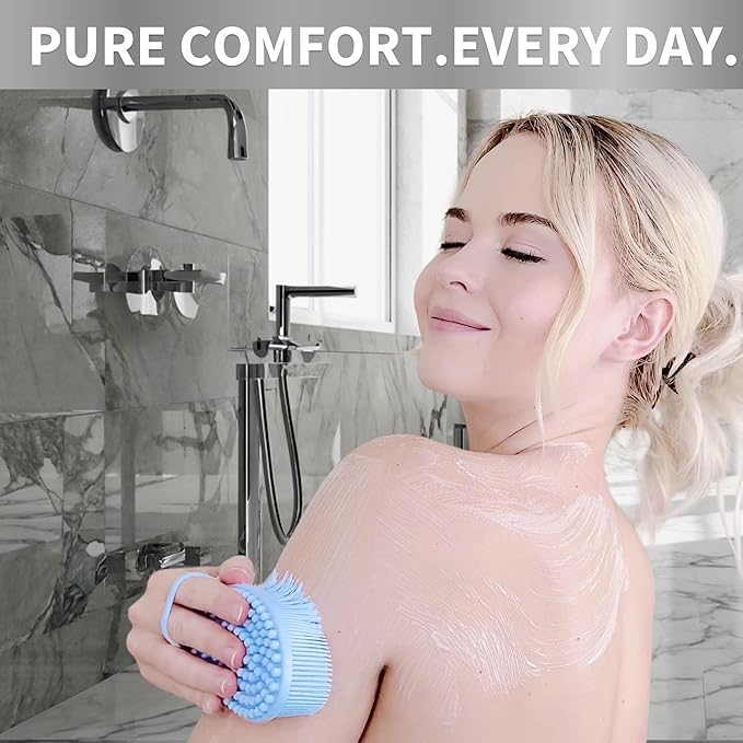 Avilana Silicone Body Scrubber - Food Grade & Lab Tested, Gentle Exfoliating Shower Brush for All Skin Types, Hygienic Quick-Dry Loofah Alternative (Pink, Massage-Silver)